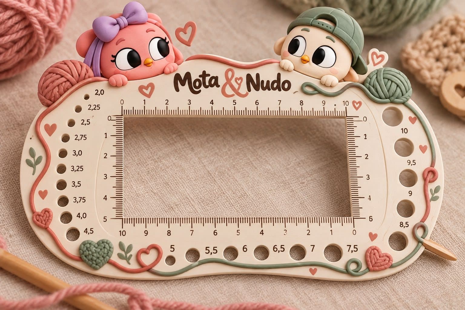 Medidor de agujas de Mota & Nudo, con los dos personajes asomados sobre el marco