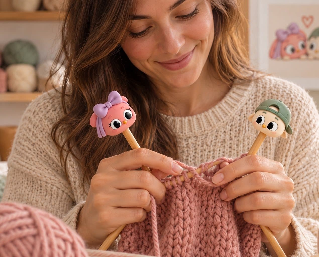 Mujer tejiendo con dos agujas rematadas por los personajes de la marca, Mota & Nudo