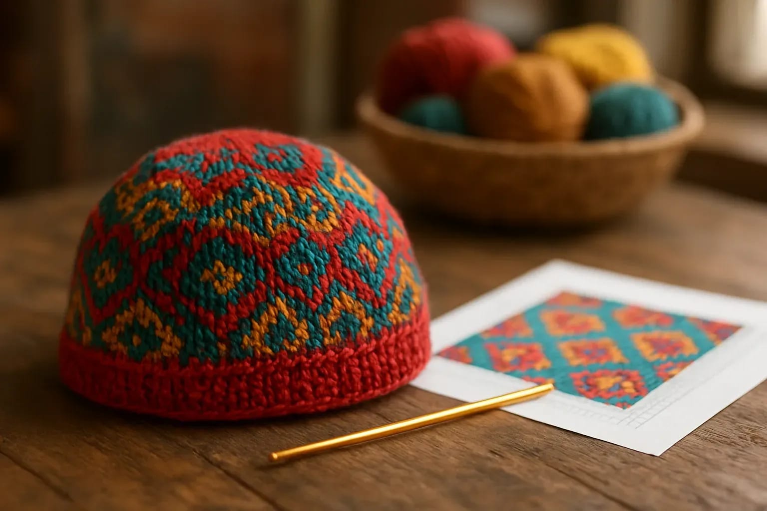 Gorro de colorwork en rojo, turquesa y mostaza junto a un gráfico del patrón y un ganchillo dorado