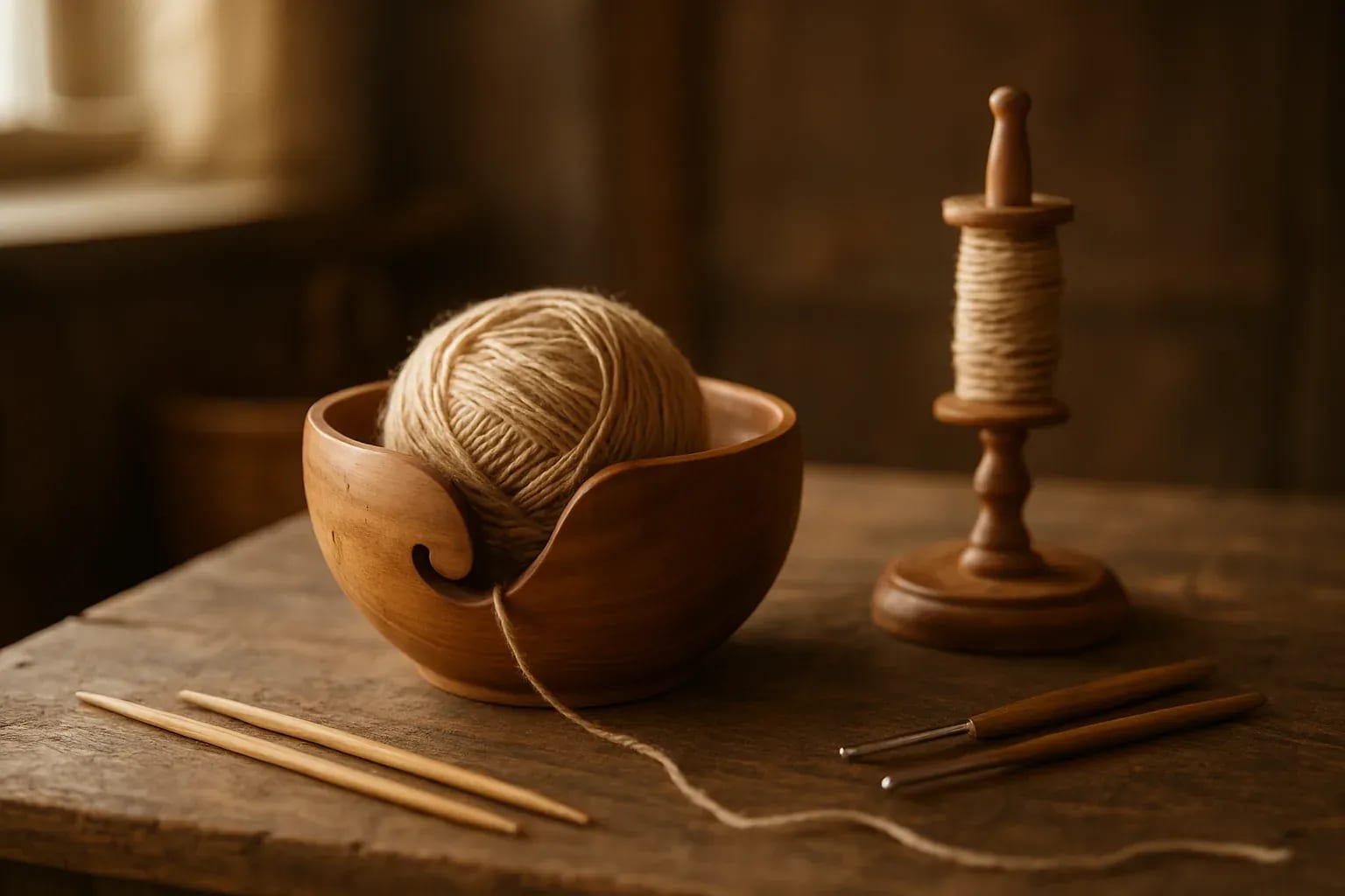 Cuenco de madera con un ovillo de lana, junto a un portaovillos de madera con carrete, agujas y ganchillos sobre una mesa