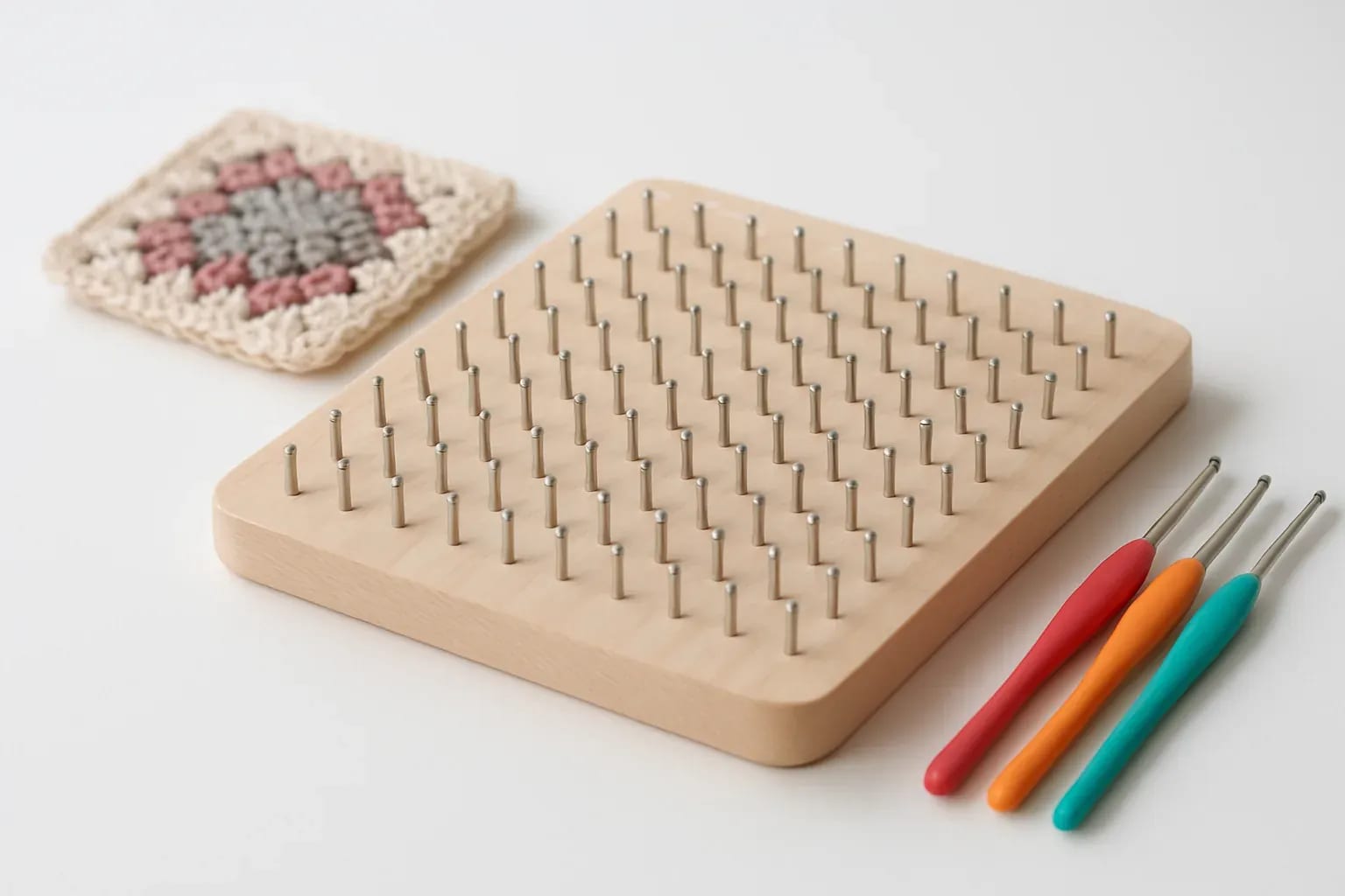 Tabla de bloqueo de madera con clavijas metálicas, un cuadrado de crochet y tres ganchillos de colores